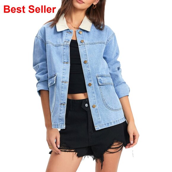 Oversized Denim Jacket Shacket with Pockets Lightweight Spring Barn Coat